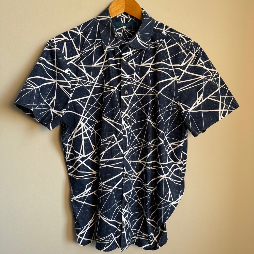 Perry Ellis Mens‎ Short Sleeve Button Up Shirt Abstract Print Blue Large Resort
